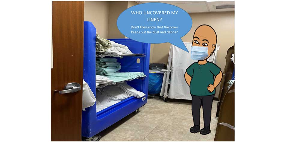 Emojitoon of bald man wearing mask in laundry room